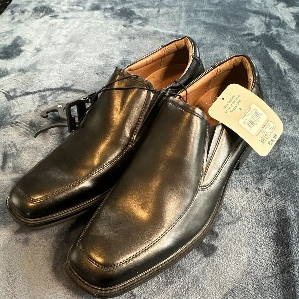 George Men's Black Faux Leather Dress Loafer Square Toe Comfort Slip-On US 9